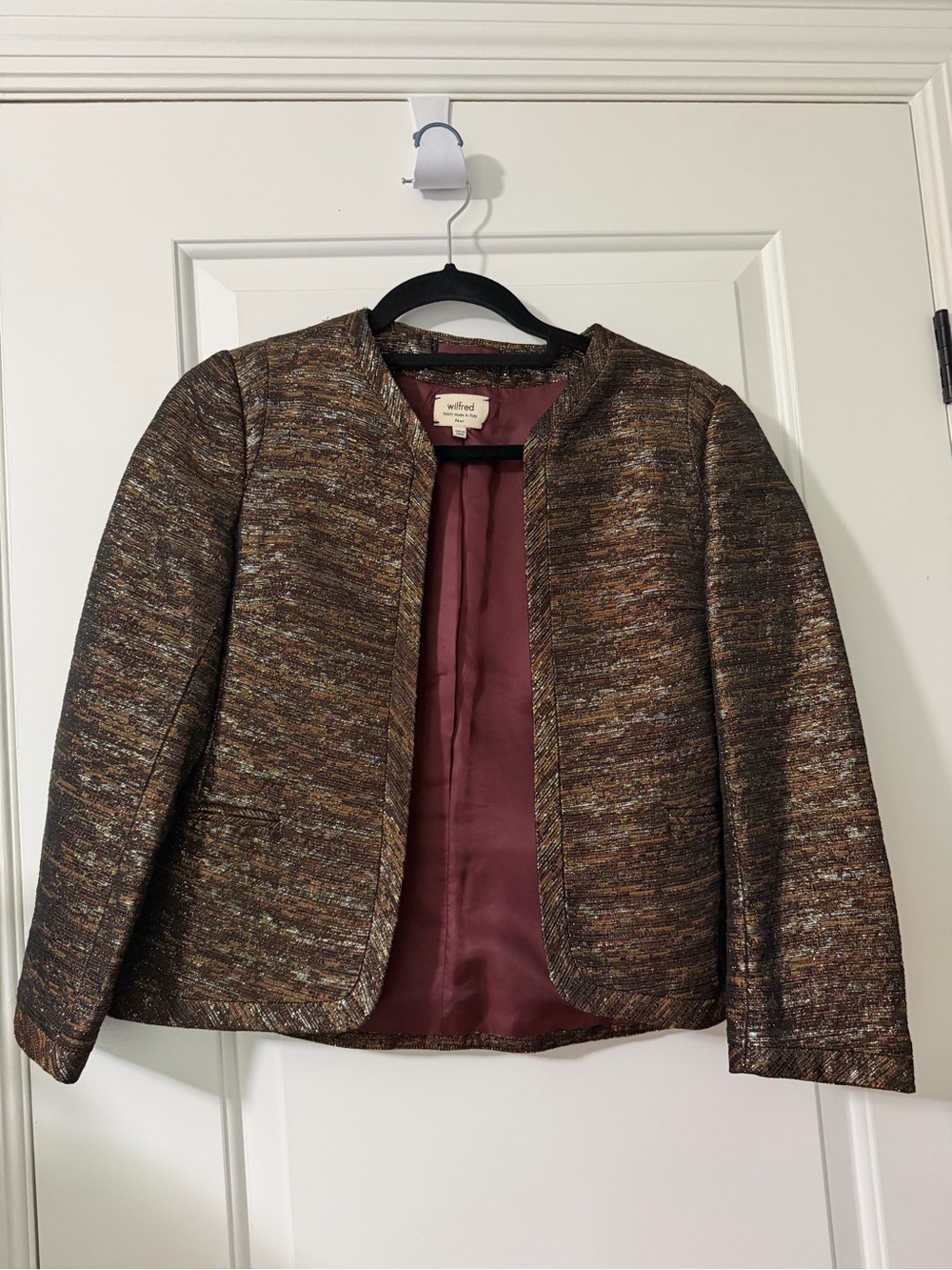 Wilfred Multitone Maroon Tweed Collarless Blazer